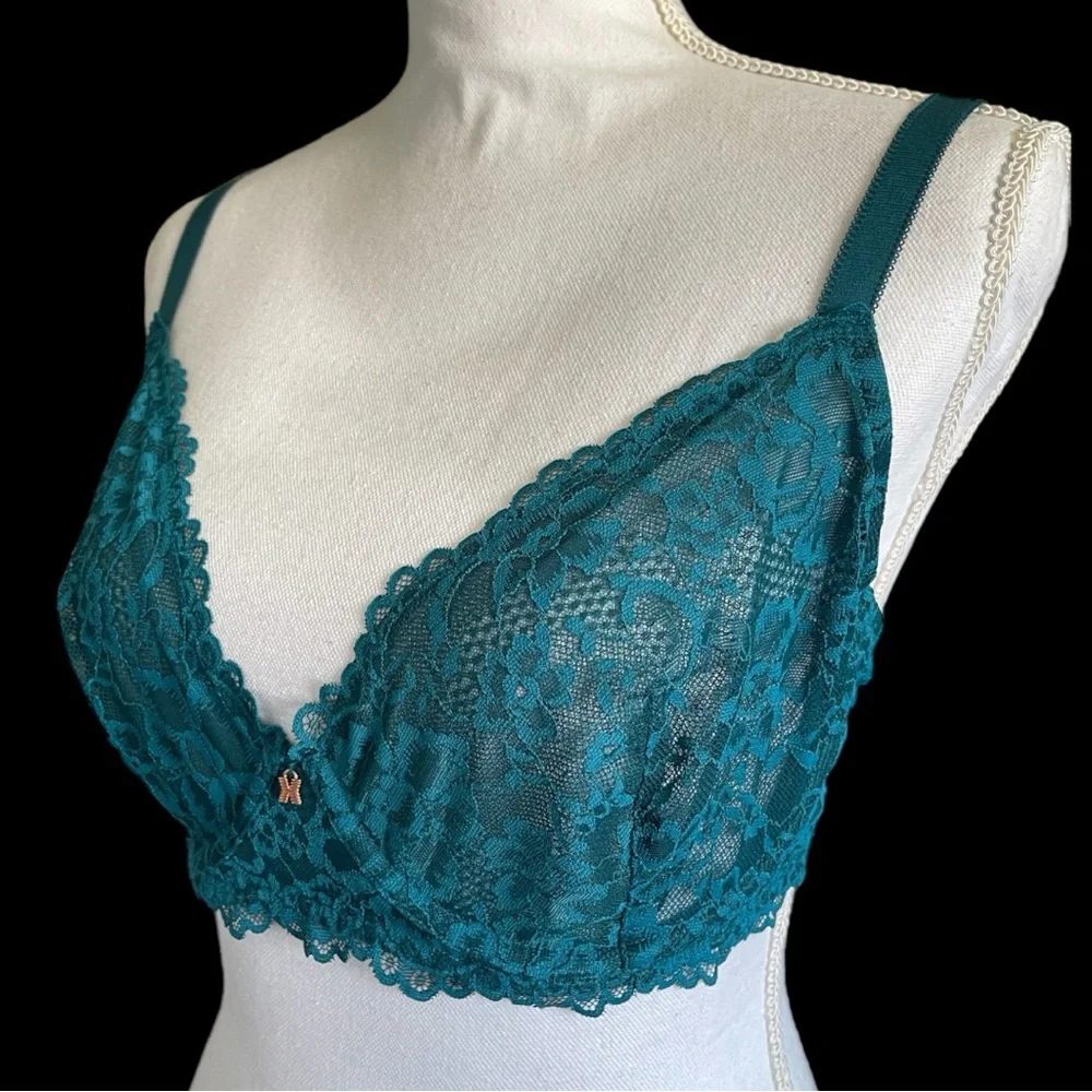Savage X Fenty Forest Green Sheer Floral Lace Unlined Underwire Plus Size Bra